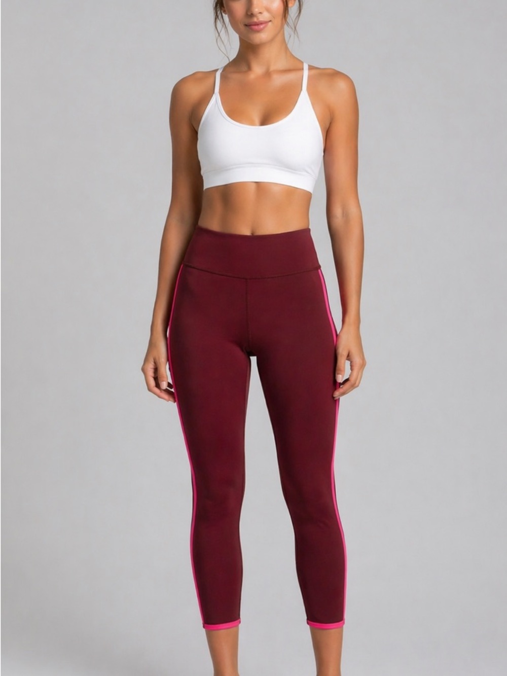JoyLab Burgundy High-Waist Leggings with Pink Side Trim
